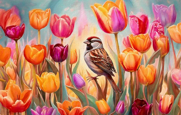 Look, flowers, pose, bird, spring, garden, Sparrow, tulips
