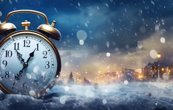 Winter, snow, night, time, watch, Christmas, panorama, New year