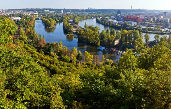 Trees, landscape, river, home, Prague, Czech Republic, panorama