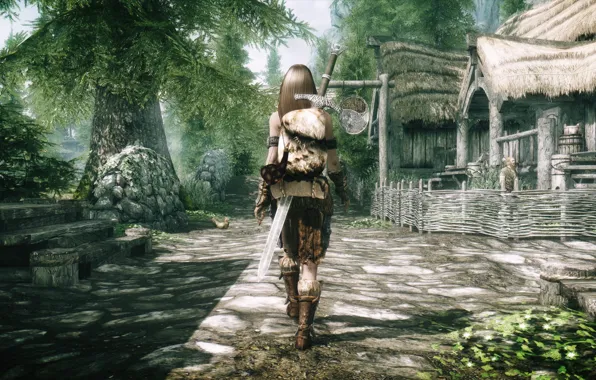 Picture girl, the fence, back, sword, village, stage, Skyrim, is