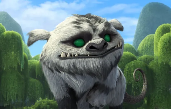 Fantasy, magic, monster, sky, green eyes, trees, smile, tail