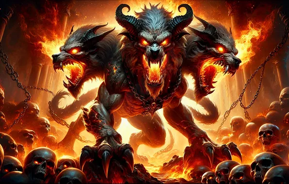Fire, flame, horns, skull, Cerberus, the Hellhound