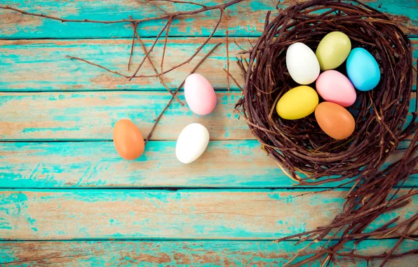 Picture branches, basket, eggs, spring, colorful, Easter, vintage, wood