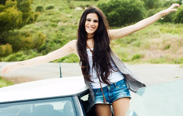 Shorts, woman, young, beautiful, model, jeans, brunette, long-haired