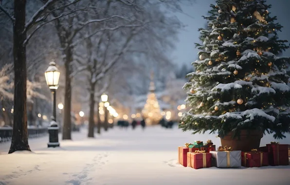 Winter, snow, decoration, night, lights, Park, tree, New Year