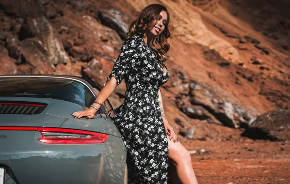 Picture machine, auto, girl, pose, Porsche, dress, Anton Kharisov, Sasha Versailles