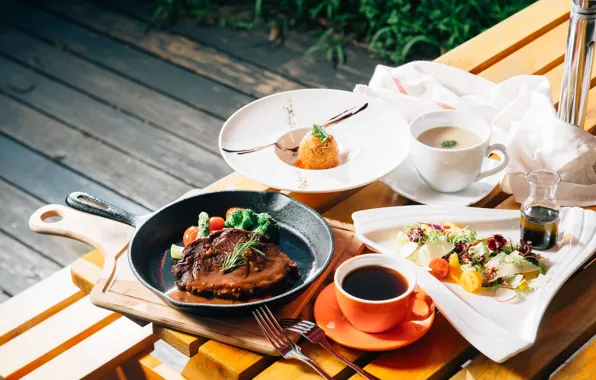 Tea, soup, meat, dessert, salad, cuts