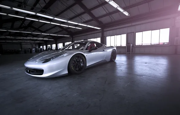 Windows, ferrari, Ferrari, front view, the room, silvery, challenge, 458 challenge