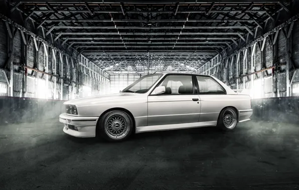 BMW, white, coupe, E30, BBS