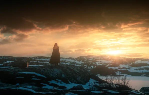 Winter, the sky, girl, clouds, rays, snow, sunset, mountains