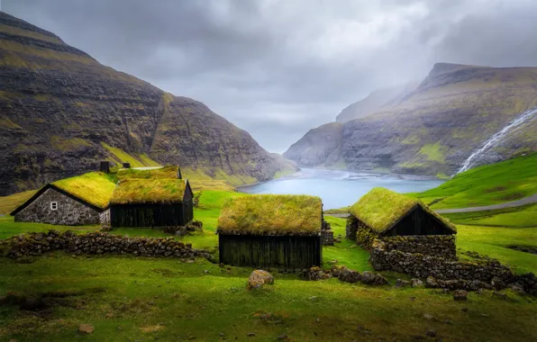 Sea, mountains, rocks, shore, houses, Faroe Islands, The Faroe Islands