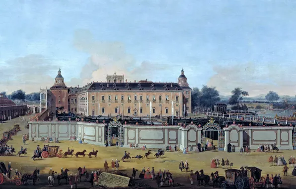 Picture landscape, people, picture, coach, Francesco Battaglioli, View of the Palace of Aranjuez