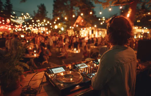 Night, nature, lights, music, people, the crowd, headphones, guy