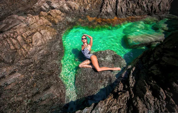 Swimsuit, the sun, pose, stones, model, makeup, figure, glasses