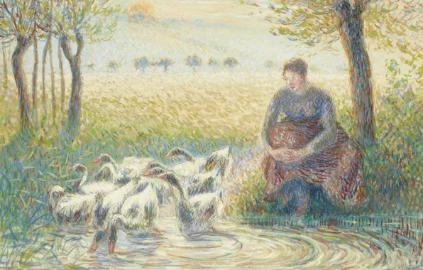 Birds, picture, genre, Camille Pissarro, Shepherdess with Goose
