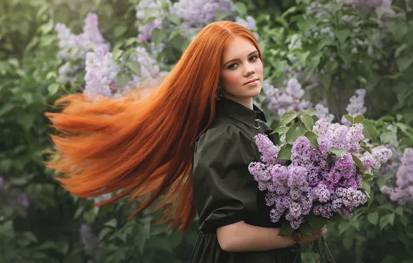 Picture girl, nature, bouquet, spring, dress, red, lilac, Natalia Vetoshkina