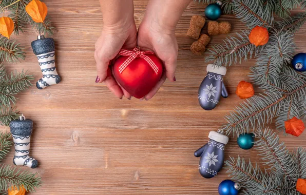 Balls, branches, heart, Board, hands, Christmas, New year, socks