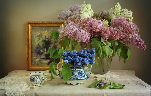 Flowers, branches, picture, Cup, vase, lilac, Muscari, swipe