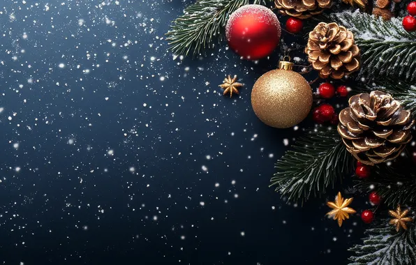 Balls, berries, Christmas, red, New year, needles, snowfall, bumps