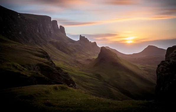 Picture the sun, clouds, sunset, mountains, dawn, tops, dal, slope