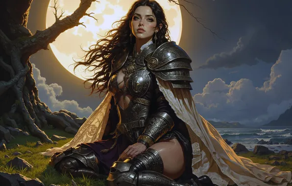 Trees, night, stay, the moon, armor, warrior, the full moon, digital art