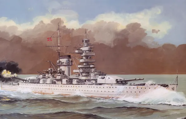 Ship, art, Navy, military, battleship, German, WW2, Admiral Scheer