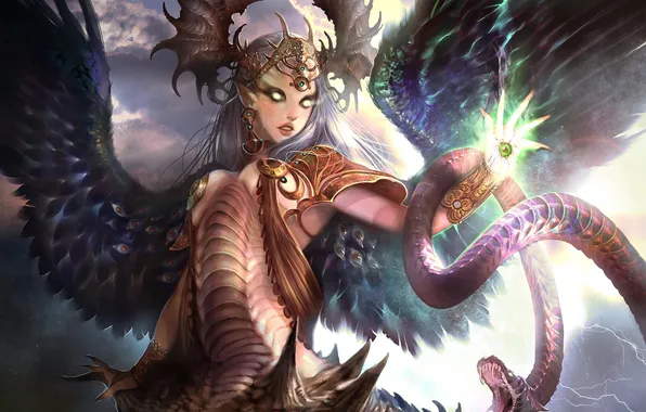 Picture girl, decoration, eyes, magic, snake, wings, art