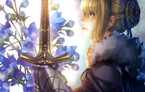 Girl, flowers, weapons, armor, Fate/Stay Night, saber, art, Hiroe Rei
