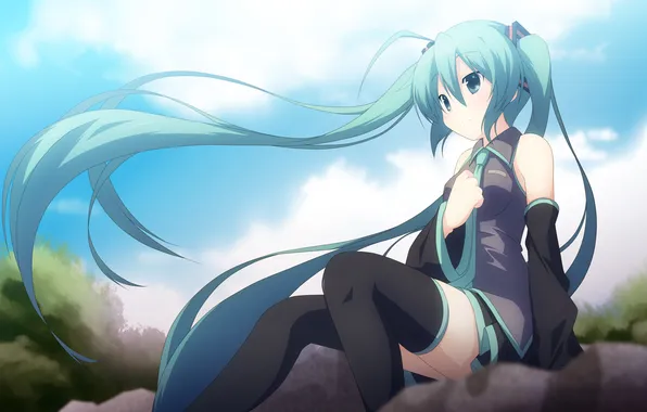 Girl, trees, stones, the wind, art, vocaloid, hatsune miku, sitting