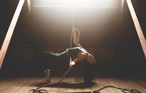Girl, light, dust, ballerina, rope, attic
