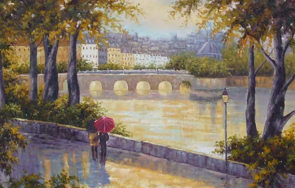 Trees, river, overcast, a couple