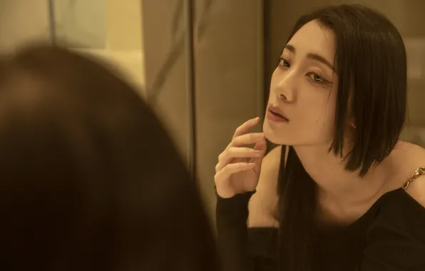 Beautiful, Asian, Model, Woman, Mirror, Reflection, Pretty, Close Up