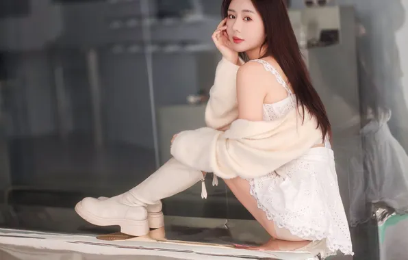 Look, girl, pose, boots, dress, brunette, Asian, jacket