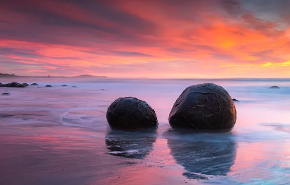 Sand, sea, the sky, sunset, stones, shore, boulders
