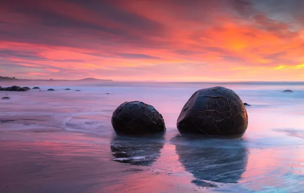 Picture sand, sea, the sky, sunset, stones, shore, boulders