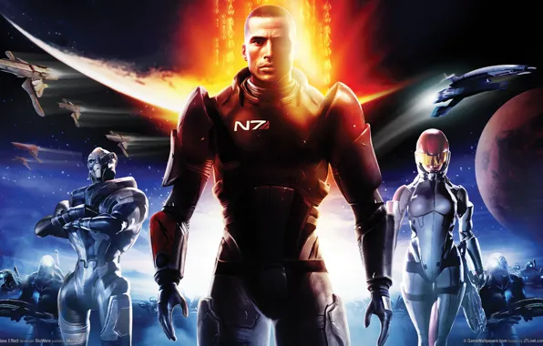 Planet, ships, soldiers, soldiers, Shepard, game wallpapers, N 7, Shepard