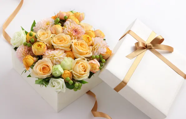 Yellow, gift, roses, tape, bow, dahlias