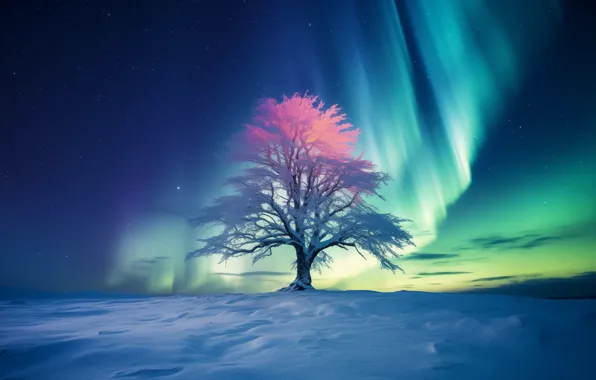 Picture aurora, snow, tree