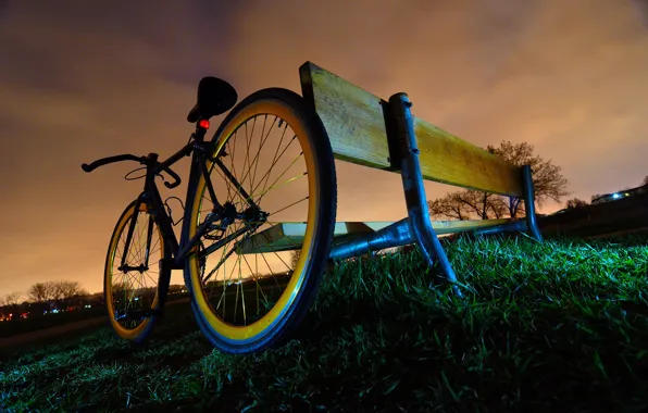 Grass, clouds, bench, Bike, twilight