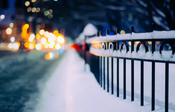 Picture winter, road, snow, night, lights, the fence, fence, bokeh