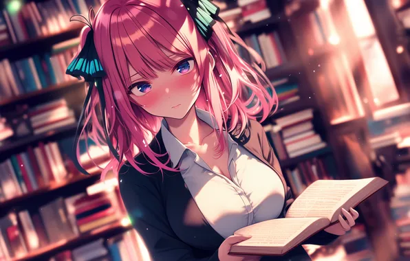 Anime, art, wallpaper, pink hair, The Quintessential Quintuplets, Go-Toubun no Hanayome, Nino Nakano, 5 brides