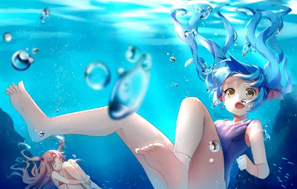 Light, bubbles, girls, anime, art, under water, Alex master