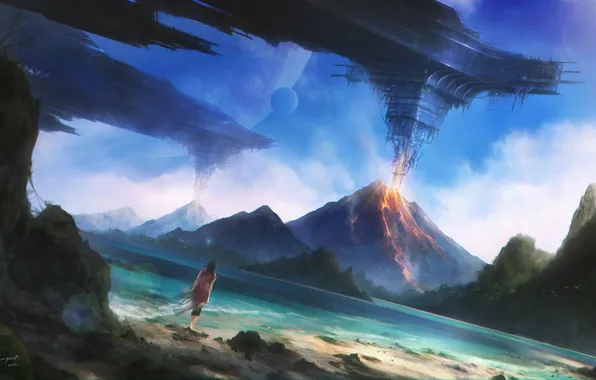 Sea, beach, girl, fire, planet, the volcano, lava, desktopography