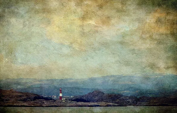 The sky, mountains, lake, stone, lighthouse, horizon