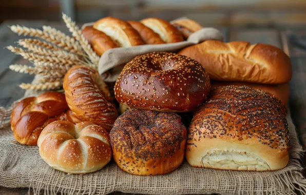 Wheat, table, bread, ears, bread, different, burlap, napkin