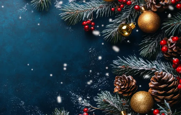 Balls, berries, Christmas, New year, needles, bumps, gold, blue background