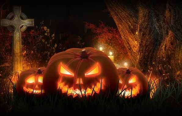 Night, rendering, holiday, cross, pumpkin, Halloween