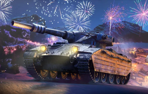 Picture Winter, Night, Salute, Christmas, UK, New year, Tank, World of tanks