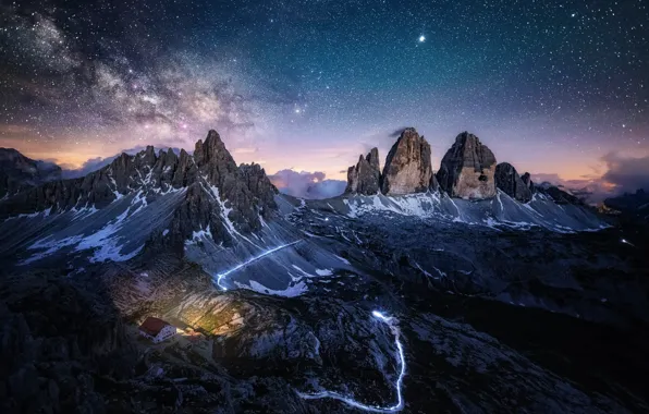 Picture the sky, stars, mountains, night, rocks, Alps, the milky way