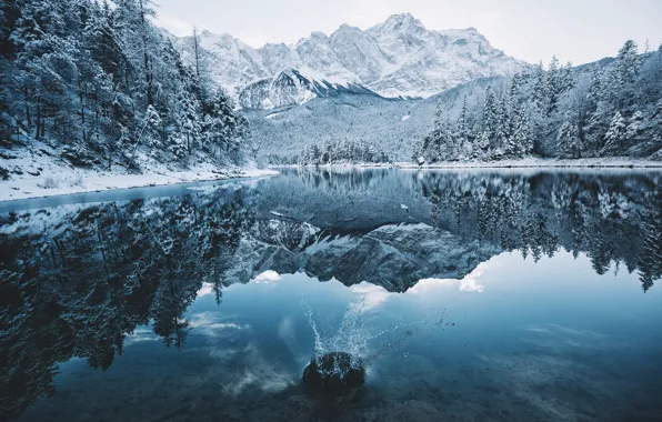 Winter, forest, snow, mountains, nature, lake, splash